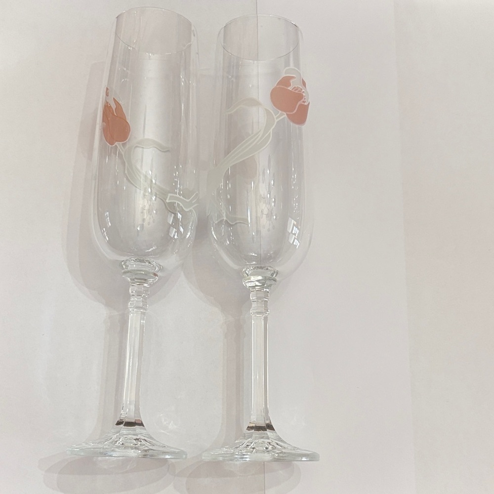 2 crystal pink tulip champagne glasses 1980s vintage